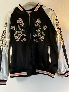 Floral Embroidered Satin Bomber Jacket - Black & Cream